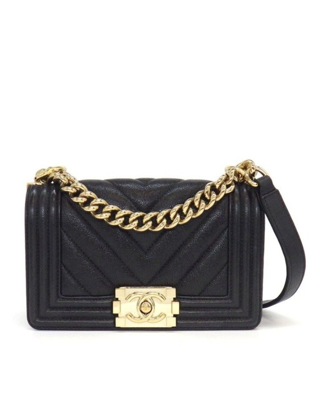 Chanel Shoulder Bag Boy 20 Small Black Caviar Leather Gold